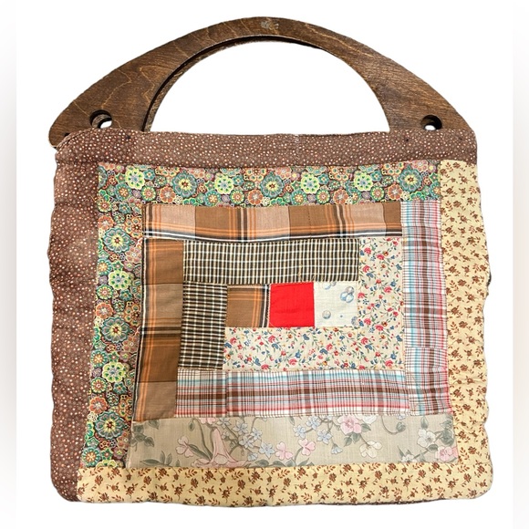 Handbags - Vintage Quilted Patchwork Knitting Bag with Wooden Handles